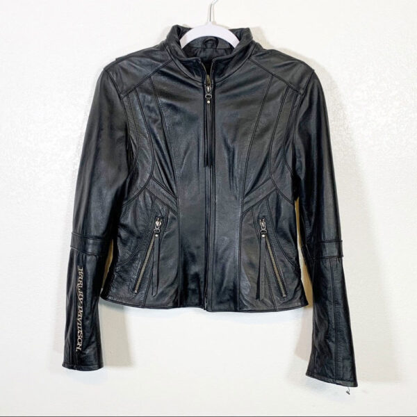 Black Harley Davidson Red Embroidered Leather Jacket - Image 2