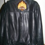 Black Harley Flaming Patch on Back Leather Jacket