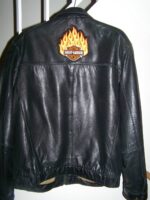 Black Harley Flaming Patch on Back Leather Jacket