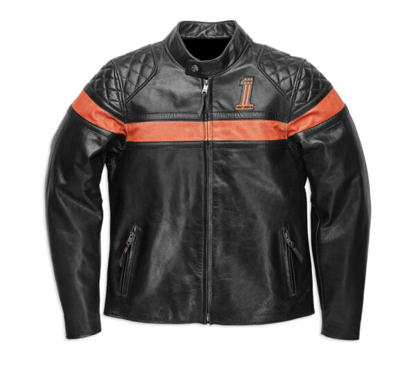Black Orange Harley Davidson Motorcycle Leather Jacket - Image 2
