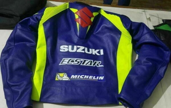Blue Suzuki Ecstar Motorcycle Leather Racing Jacket - Image 2