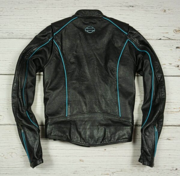 Harley Davidson Black Blue Motorcycle Leather Jacket - Image 2