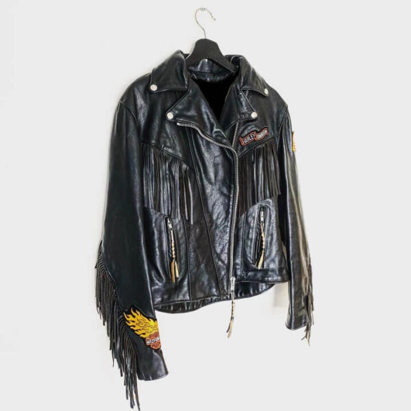 Harley Davidson Black Fringe Flame Biker Leather Jacket - Image 3