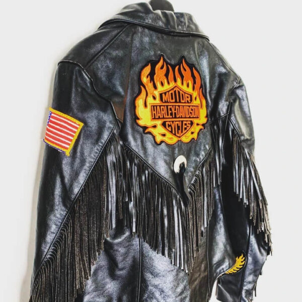 Harley Davidson Black Fringe Flame Biker Leather Jacket - Image 4