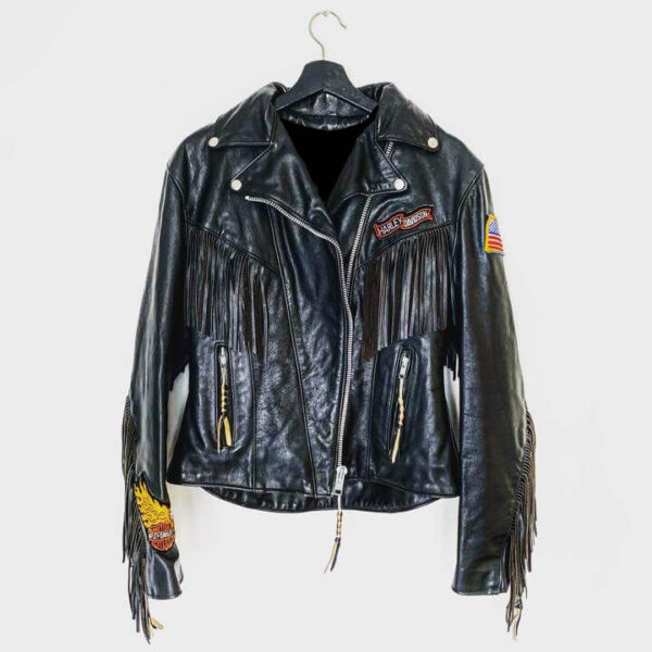 Harley Davidson Black Fringe Flame Biker Leather Jacket - Image 2