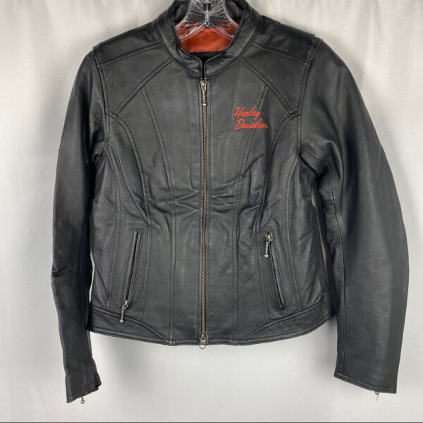 Harley Davidson Black Orange Logo Leather Jacket - Image 2