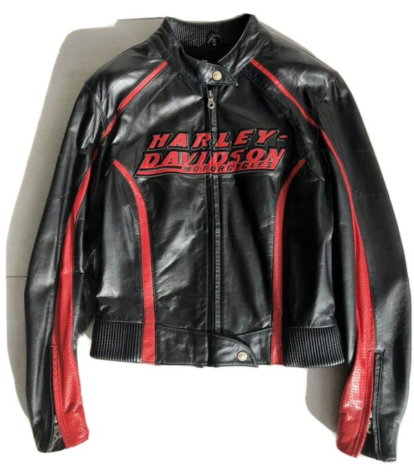 Harley Davidson Black Red Motorcycle Leather Jacket - Image 3