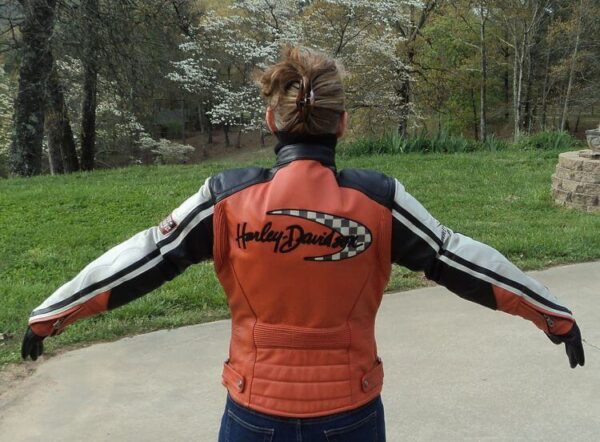 Harley Davidson Racing Black Orange Leather Jacket - Image 2