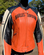 Harley Davidson Racing Black Orange Leather Jacket - Image 4