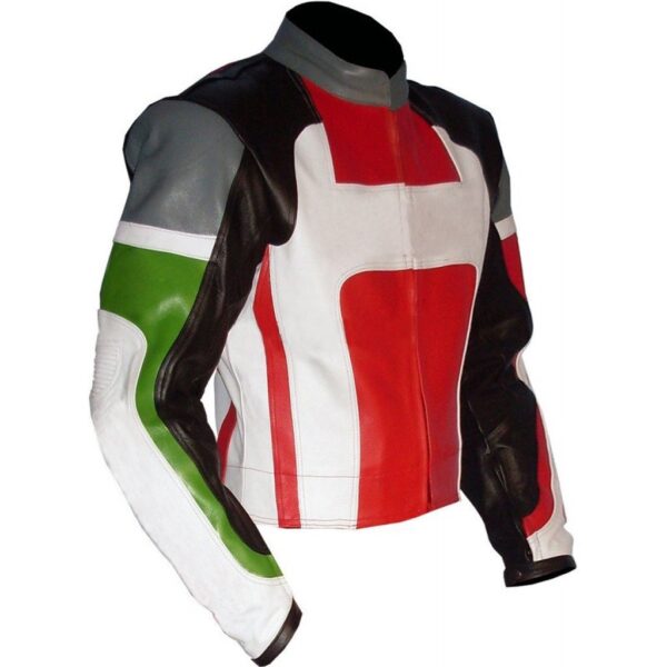 BIKER LEATHER BLACK RED WHITE BIKER LEATHER JACKET - Image 3