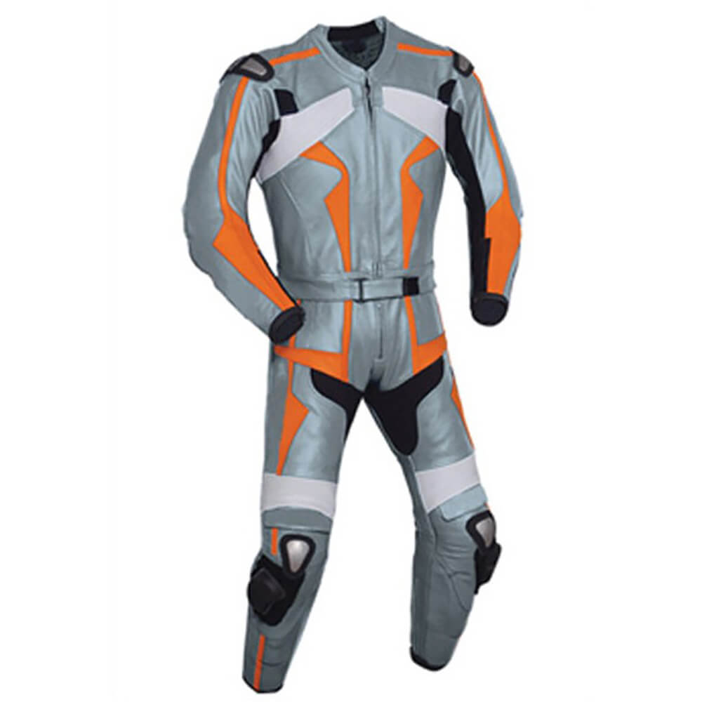 Silver-and-Orange-Motorcycle-Racing-Leather-Suit.jpg Silver and Orange Motorcycle Racing Leather Suit - Image 1