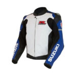 Suzuki Blue and White GSX-R Motorcycle Leather Jacket - Image 3