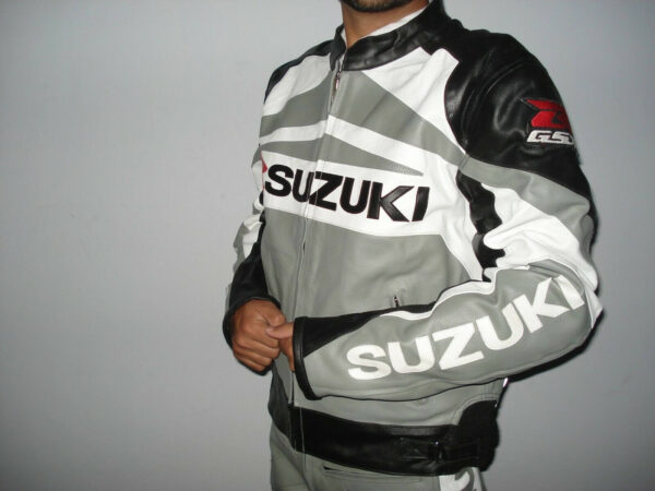 Suzuki GSXR Grey Motorcycle Leather Jacket - Image 3