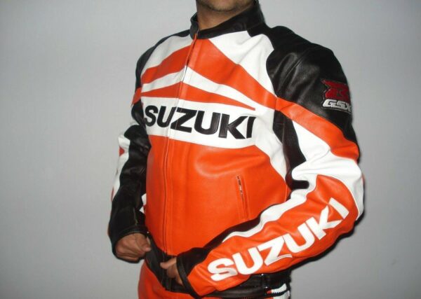 Suzuki GSXR Orange Motorcycle Racing Leather Jacket - Image 3