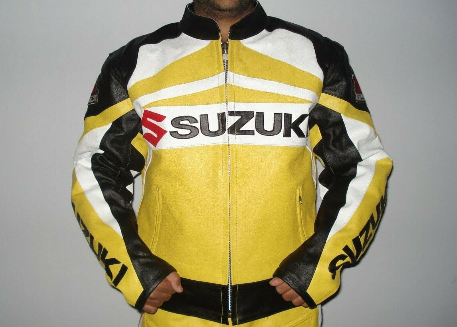 Suzuki-GSXR-Yellow-Motorcycle-Leather-Jacket-2.jpg Suzuki GSXR Yellow Motorcycle Leather Jacket - Image 1