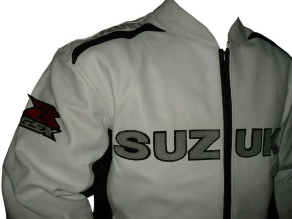 Suzuki White Leather Black Red Stripe Motorcycle Jacket - Image 3