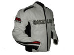 Suzuki White Leather Black Red Stripe Motorcycle Jacket