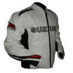 Suzuki White Leather Black Red Stripe Motorcycle Jacket