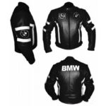 BMW Black Leather Motorcycle Jacket With White Stripes - Image 2