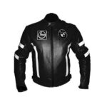 BMW Black Leather Motorcycle Jacket With White Stripes