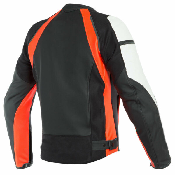 Custom Orange and White Motorcycle Racing Leather Jacket - Image 2