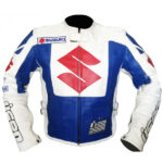 Custom Suzuki Motorcycle blue and white Leather Jacket