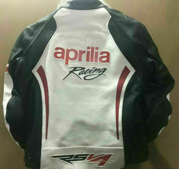White Aprilia Motorbike Racing Leather Jacket Ce Approved - Image 2