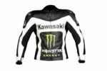 Kawasaki Black White Racing Motorcycle Leather Jacket With Safety Pads