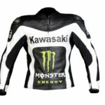 Kawasaki Black White Racing Motorcycle Leather Jacket With Safety Pads