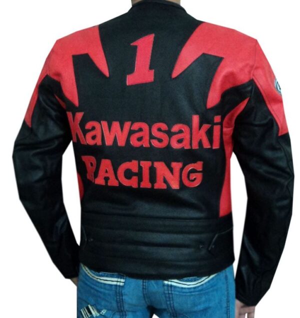 Kawasaki Branded Red And Black Motorbike Leather Jacket - Image 2