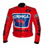 Men's Red Honda Camel Racing Motorcycle Leather Jacket