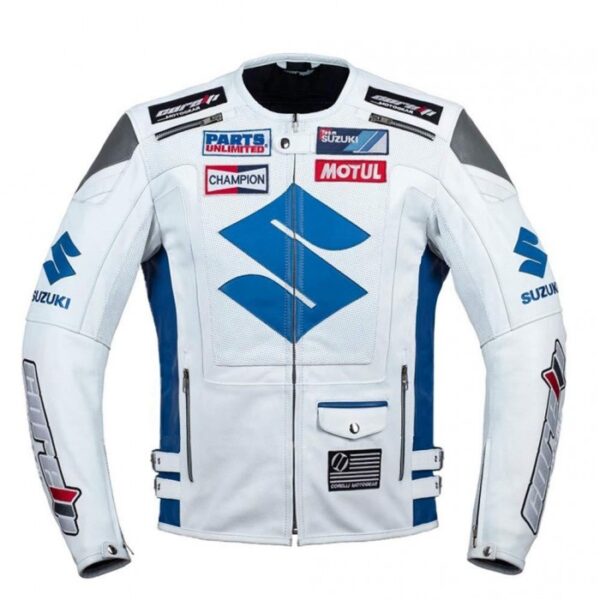 Men's White Suzuki Motorbike Racing Leather Jacket - Image 3