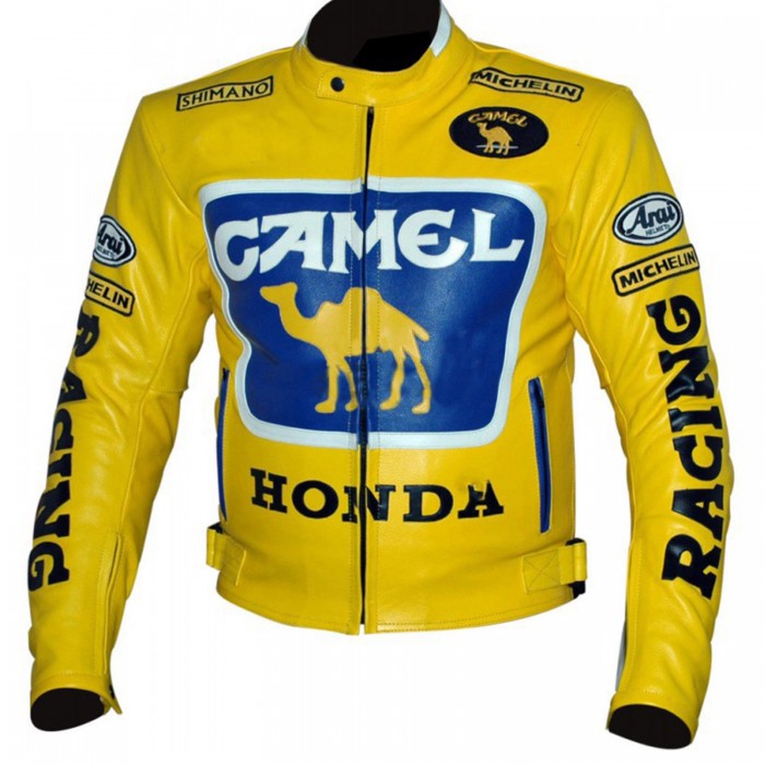 mens-yellow-honda-camel-racing-motorcycle-leather-jacket-1.jpg Men's Yellow Honda Camel Racing Motorcycle Leather Jacket - Image 1