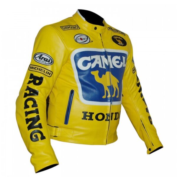 Men's Yellow Honda Camel Racing Motorcycle Leather Jacket - Image 3