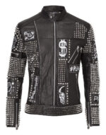 Black Full Studded Embroidery Patches Leather Jacket