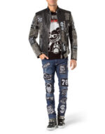 Black Full Studded Embroidery Patches Leather Jacket - Image 3