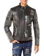 Black Full Studded Embroidery Patches Leather Jacket - Image 2