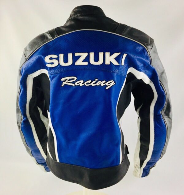 Suzuki Blue And White Racing Leather Jacket - Image 2