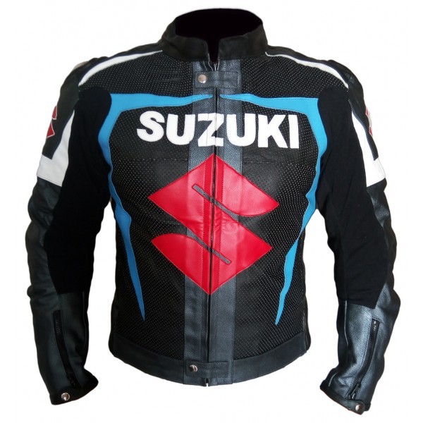 suzuki-gsxr-black-and-blue-racing-motorcycle-leather-jacket-with-safety-pads.jpg Suzuki Gsxr Black And Blue Safety Pads Motorcycle Jacket - Image 1
