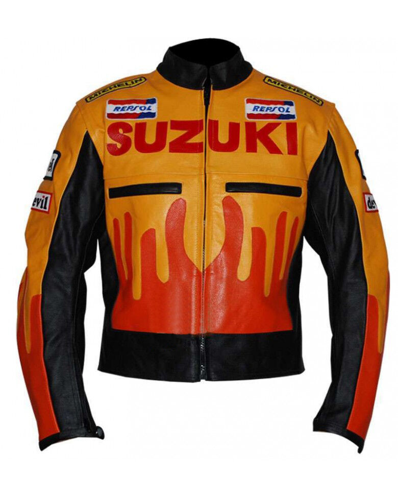suzuki-repsol-motorcycle-michelin-fire-flame-racing-leather-jacket.jpg Suzuki Repsol Motorcycle Michelin Fire Flame Racing Leather Jacket - Image 1