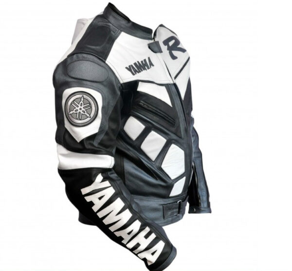Yamaha R Black And White Motorbike Leather Jacket - Image 2