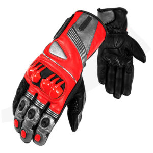Motorbike Black Red Silver Leather Gloves