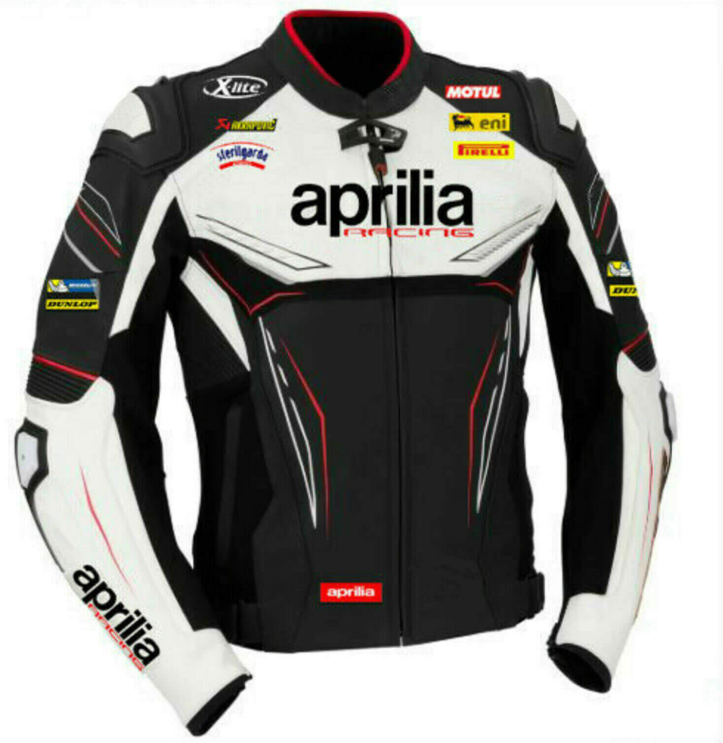 Aprilia-Black-And-White-Motorcycle-Racing-Leather-Jacket-1.jpg Aprilia Black And White Motorcycle Racing Leather Jacket - Image 1