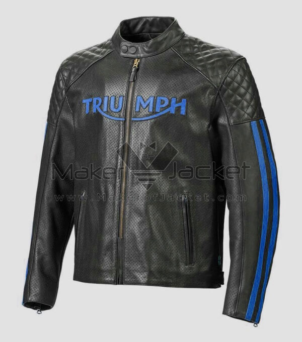 Black Blue Triumph Racing Motorcycle Leather Jacket - Image 2