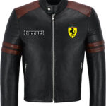 Black Brown Ferrari Motorcycle Racing Leather Jacket
