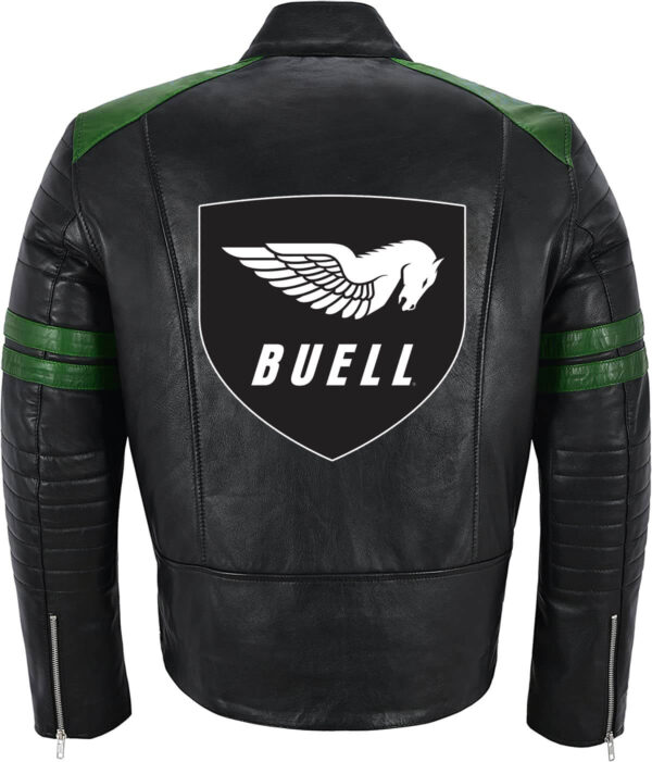 Black Green Buell Motorcycle Racing Leather Jacket - Image 2