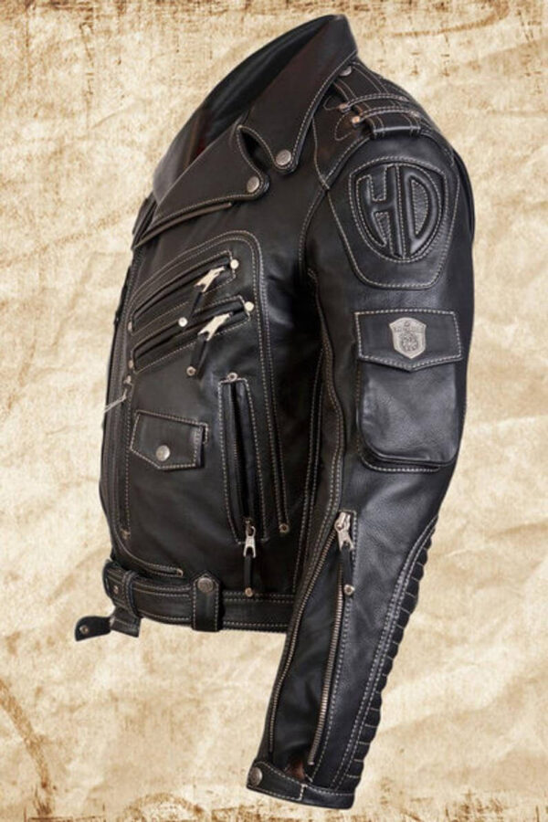 Black Harley Davidson Racing Biker Leather Jacket - Image 4