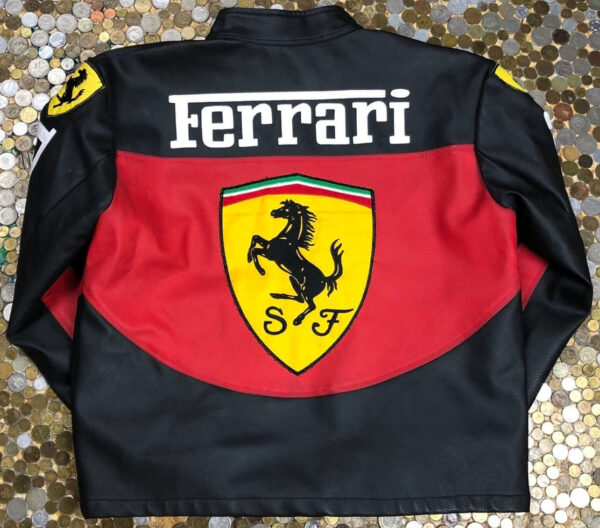 Black Red Ferrari Motorcycle Leather Jacket - Image 2