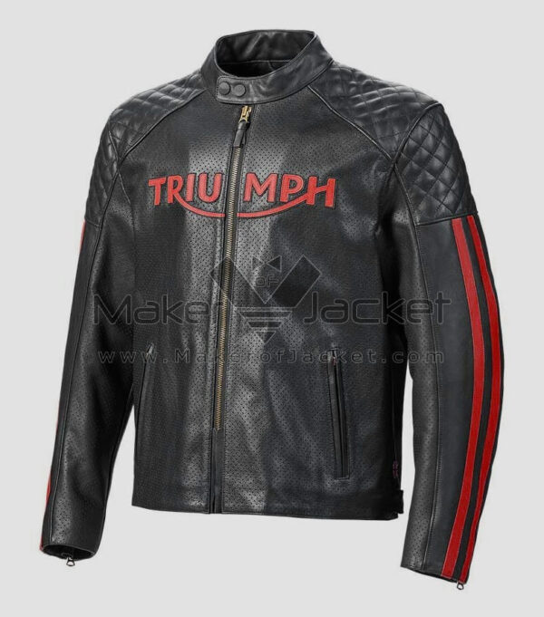 Black Red Triumph Racing Motorcycle Leather Jacket - Image 2