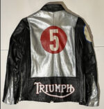 Black Silver Triumph 5 Motorcycle Leather Jacket - Image 2